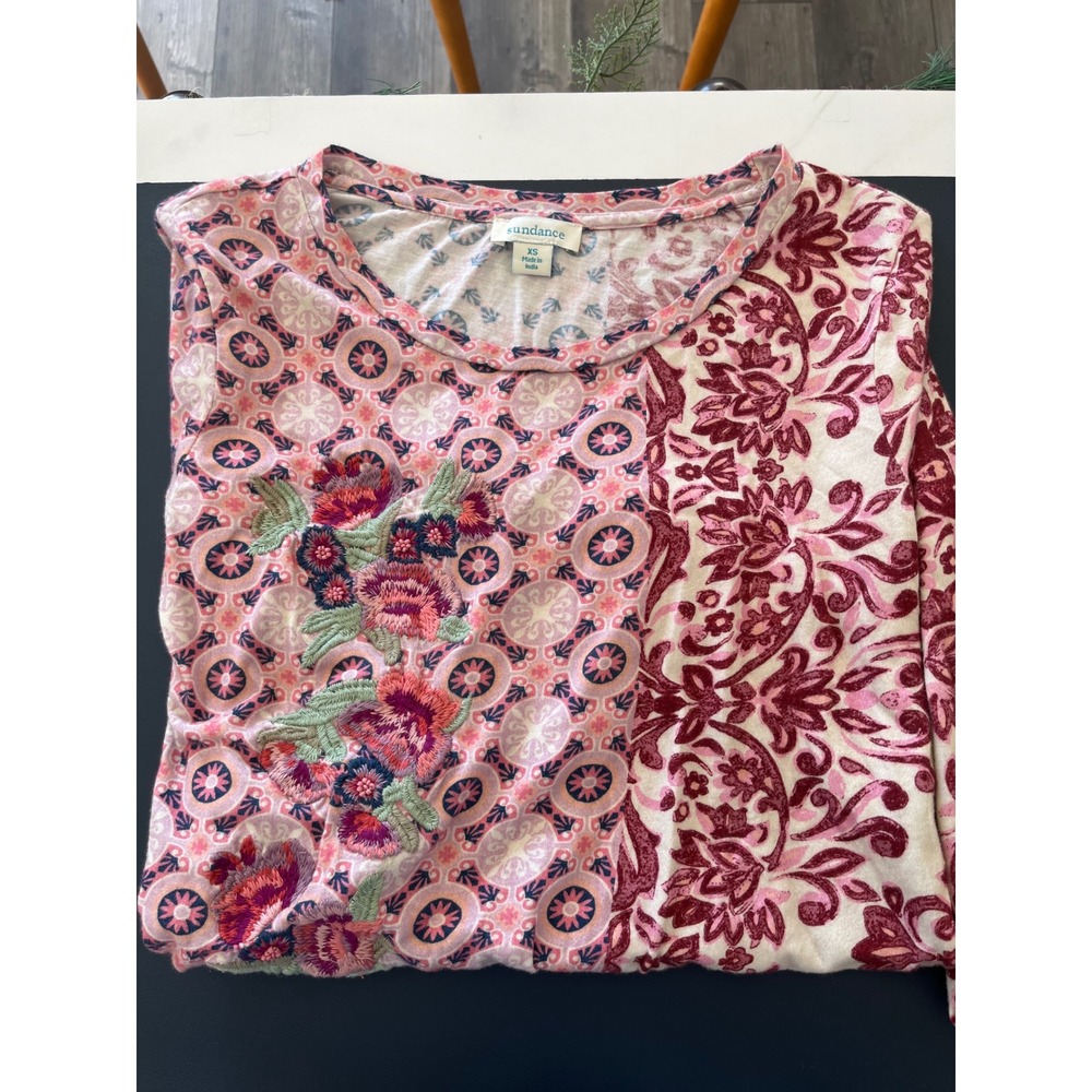 Sundance Embroidered Floral Patchwork Print Knit Top XS Made in India